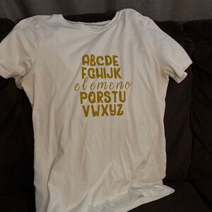 Time and Tru White Tee with Gold Alphabet Design